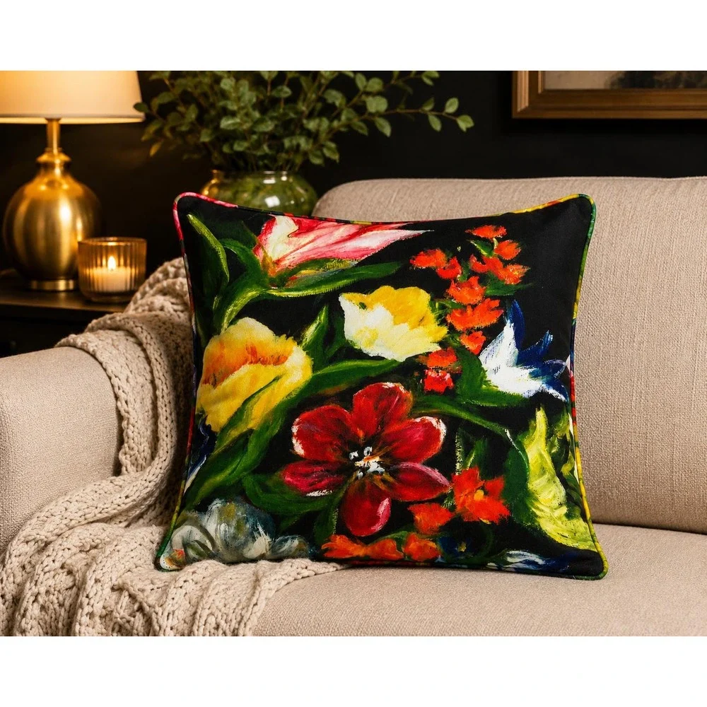 Floral‎ Throw Pillow Black Multicolor designed from original hand painting 18x18